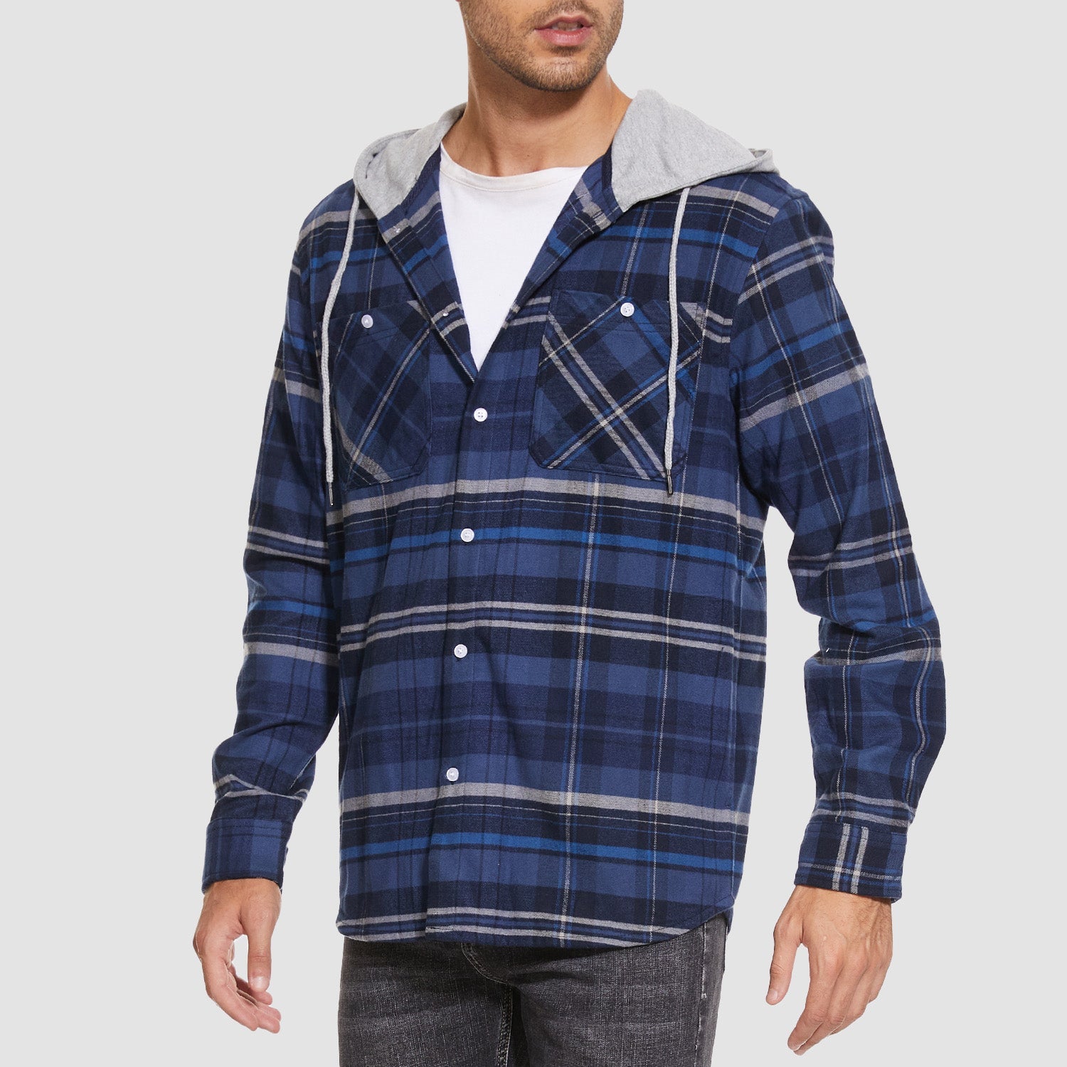 Men's Flannel Shirt Jacket with Hood - Long Sleeve Cotton Plaid Style - veyora