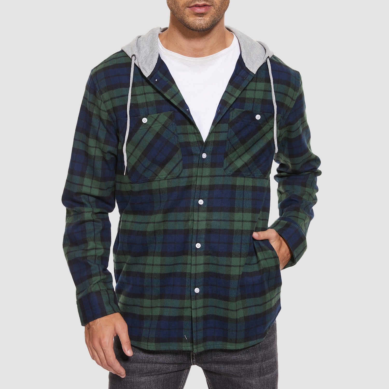 Men's Flannel Shirt Jacket with Hood - Long Sleeve Cotton Plaid Style - veyora