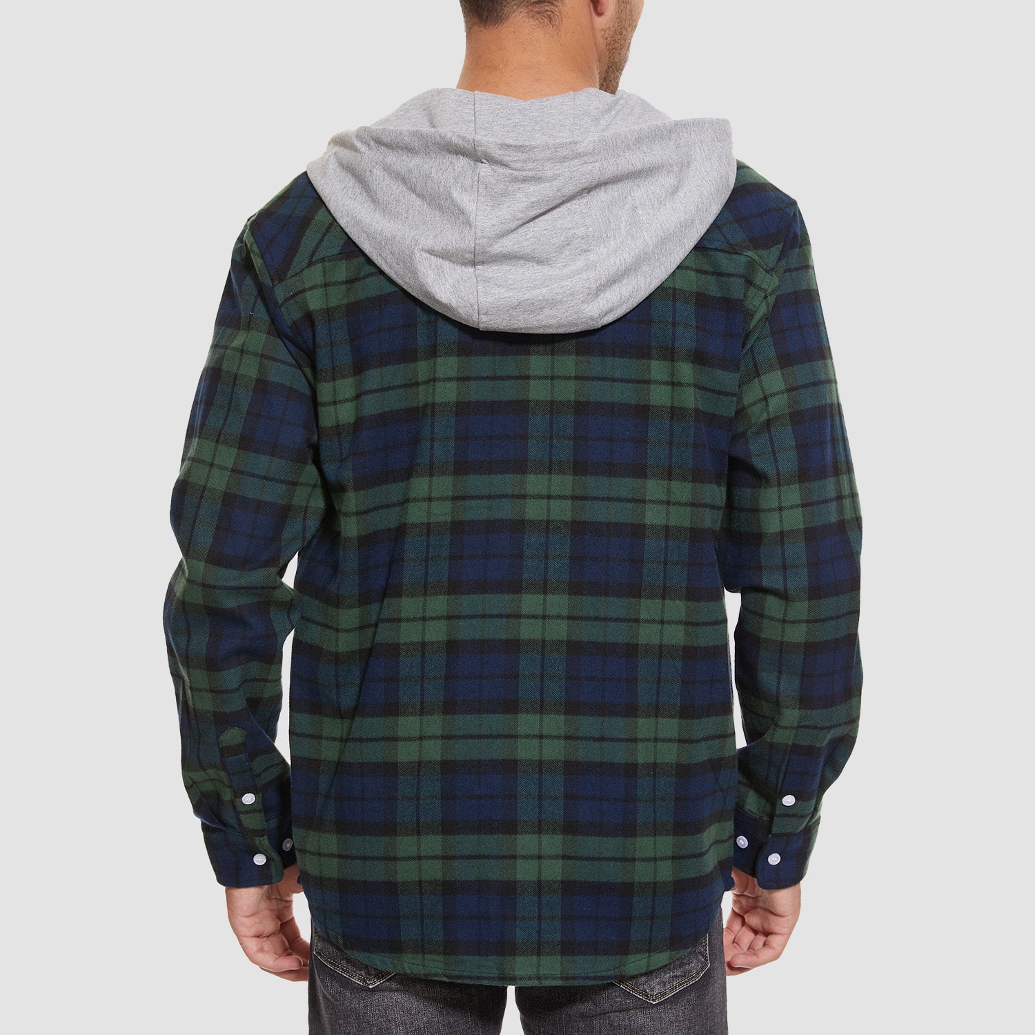 Men's Flannel Shirt Jacket with Hood - Long Sleeve Cotton Plaid Style - veyora