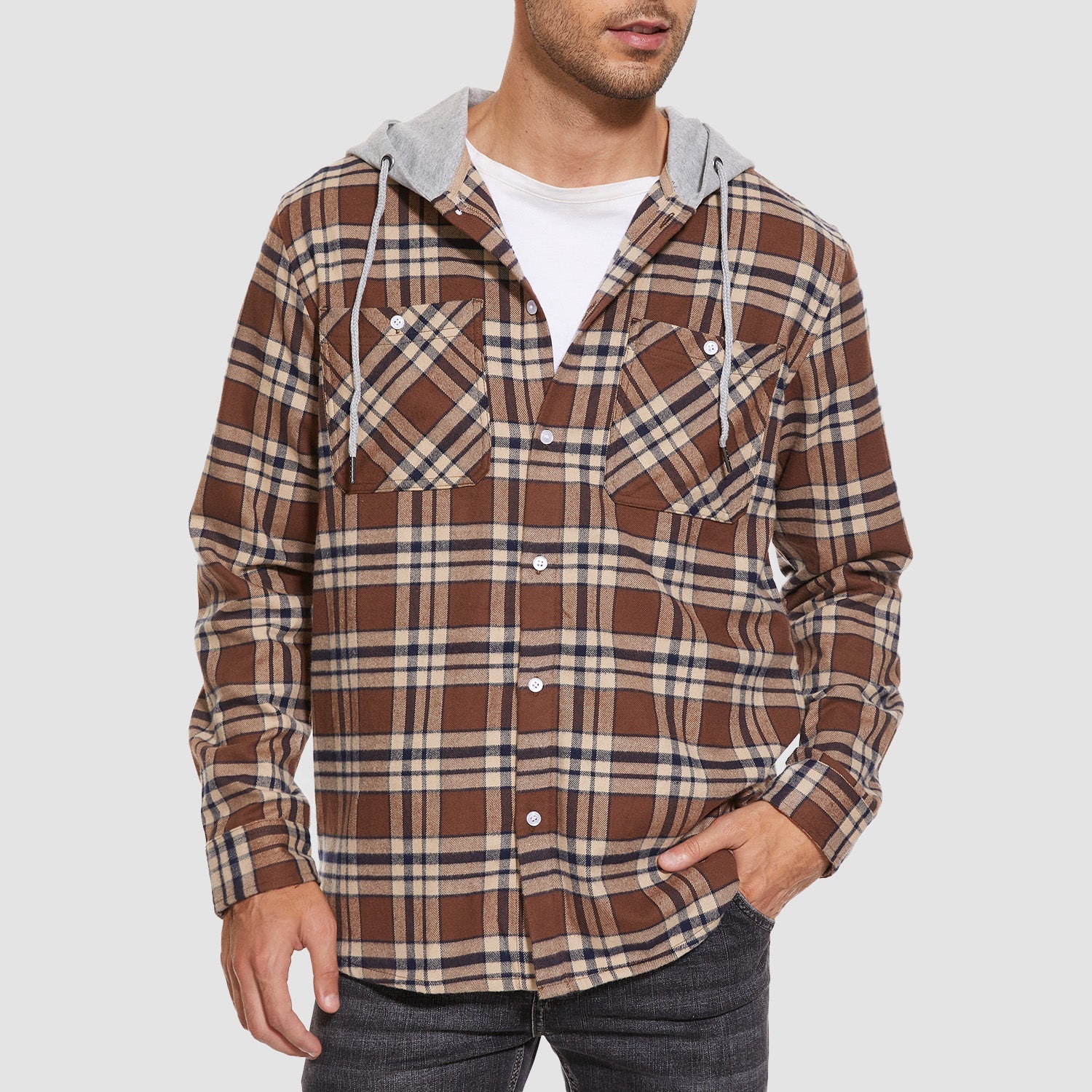 Men's Flannel Shirt Jacket with Hood - Long Sleeve Cotton Plaid Style - veyora