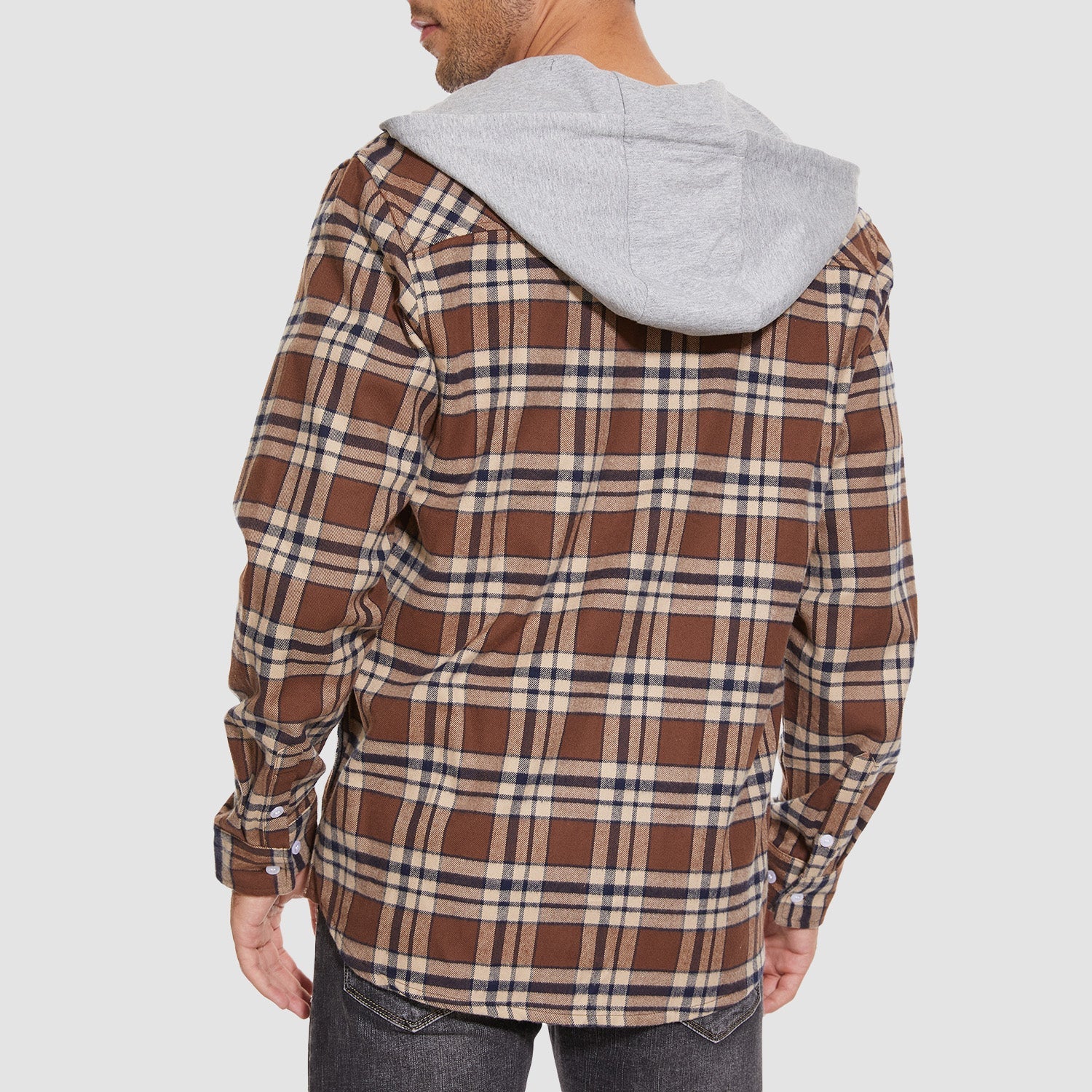 Men's Flannel Shirt Jacket with Hood - Long Sleeve Cotton Plaid Style - veyora