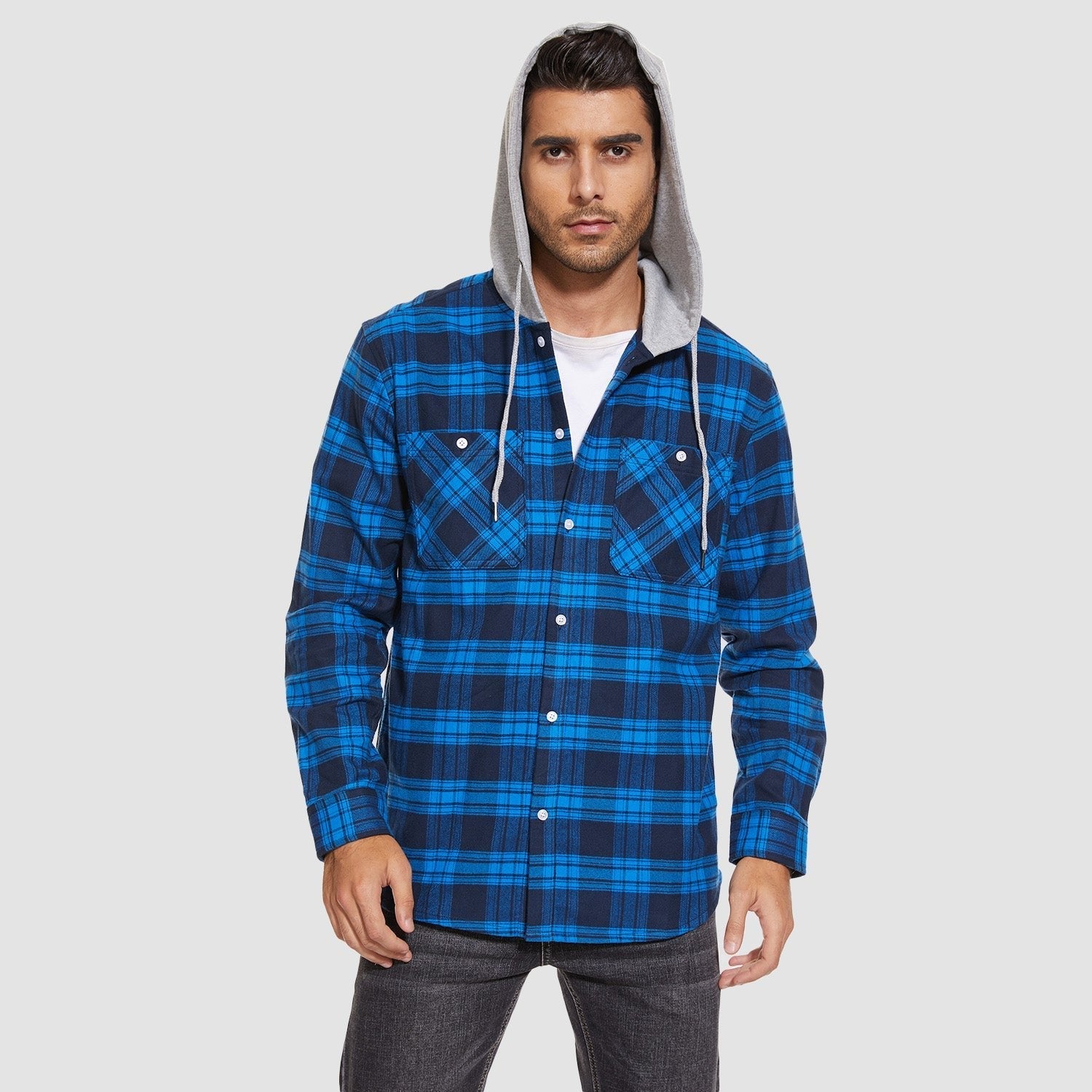 Men's Flannel Shirt Jacket with Hood - Long Sleeve Cotton Plaid Style - veyora