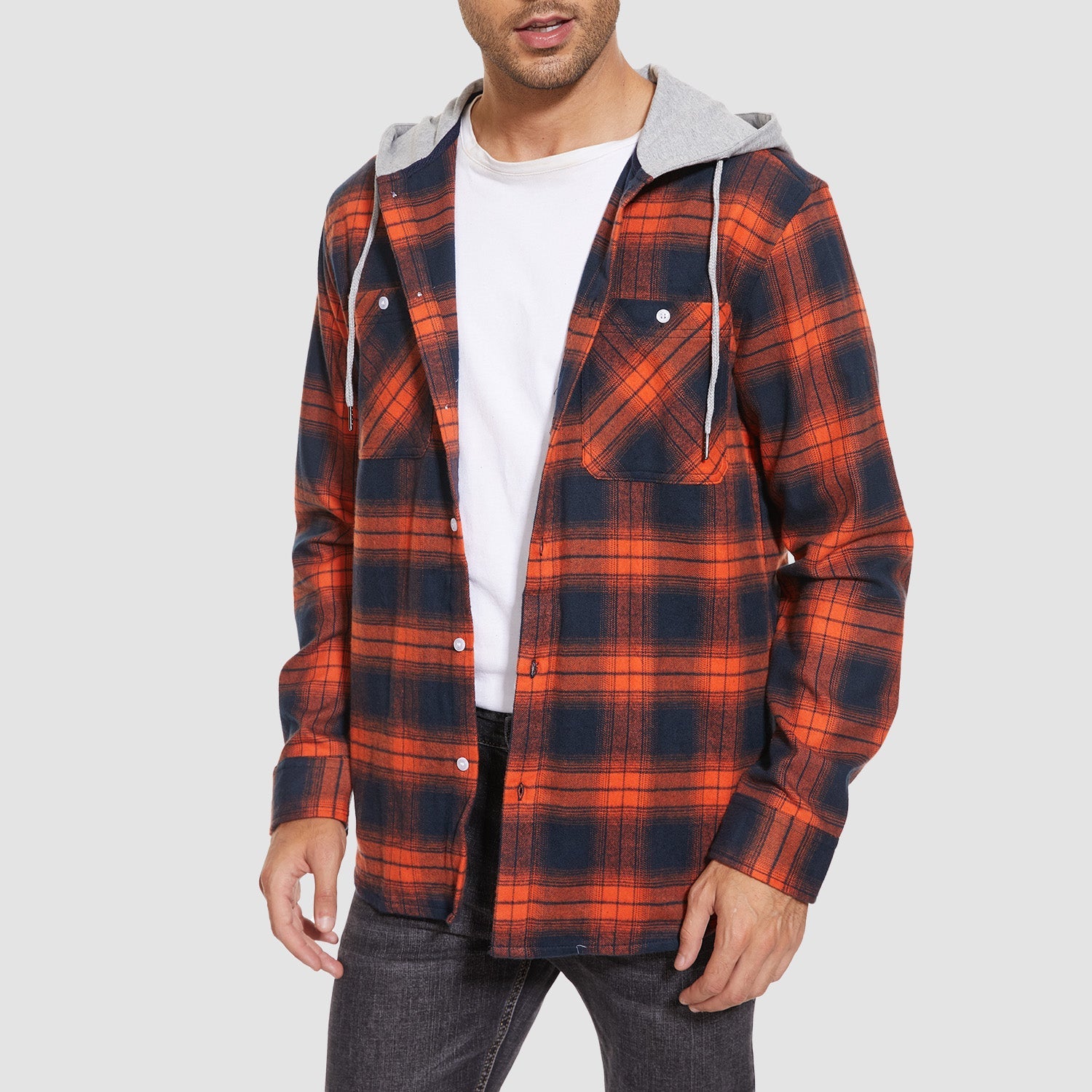 Men's Flannel Shirt Jacket with Hood - Long Sleeve Cotton Plaid Style - veyora