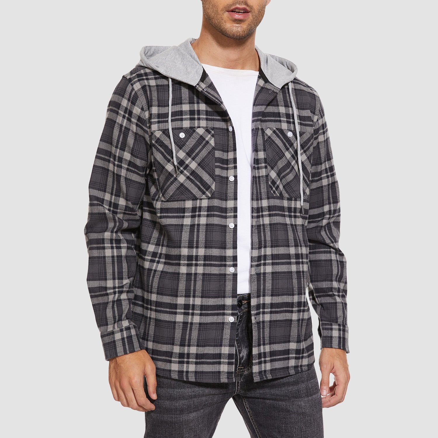 Men's Flannel Shirt Jacket with Hood - Long Sleeve Cotton Plaid Style - veyora
