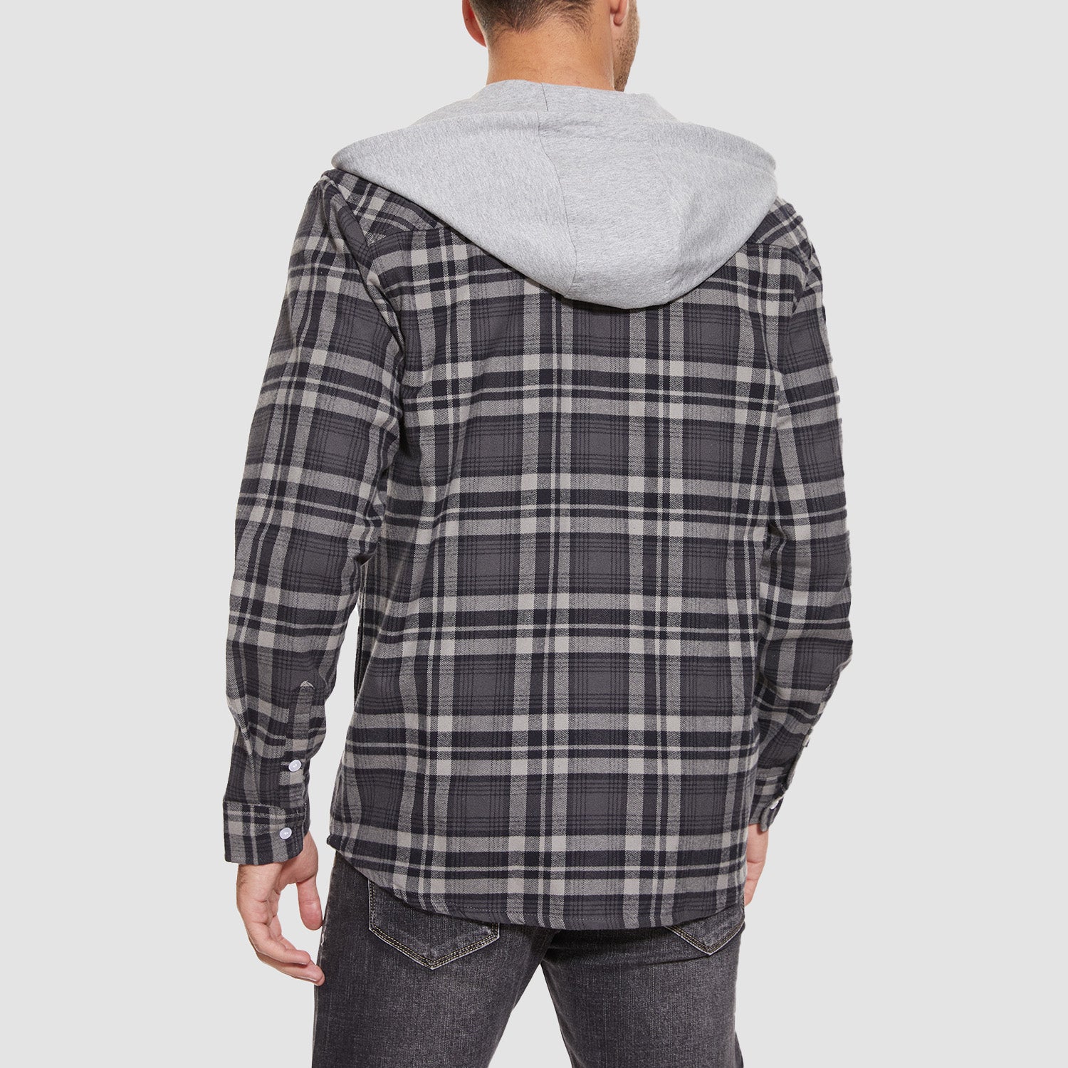 Men's Flannel Shirt Jacket with Hood - Long Sleeve Cotton Plaid Style - veyora