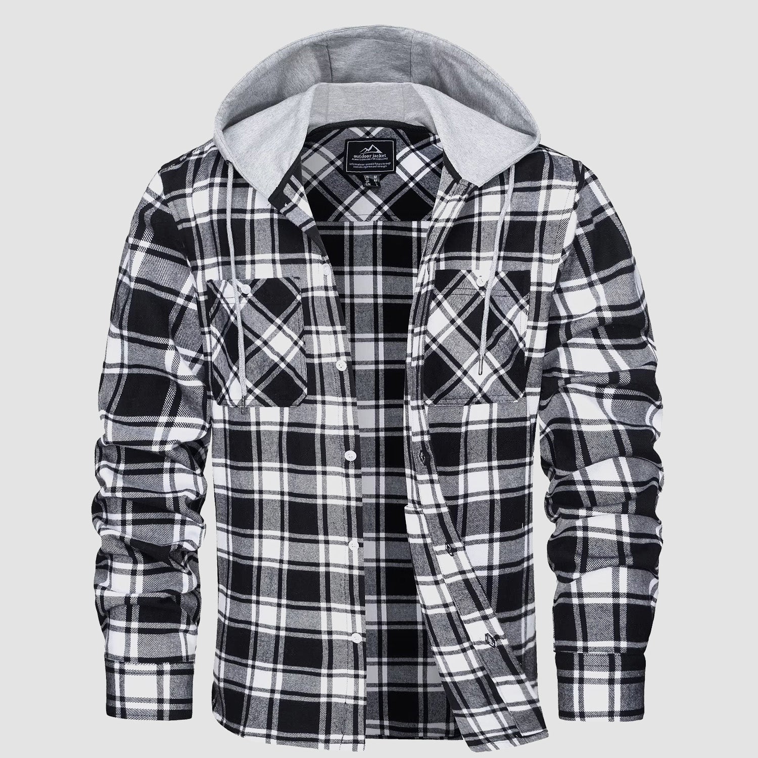 Men's Flannel Shirt Jacket with Hood - Long Sleeve Cotton Plaid Style - veyora