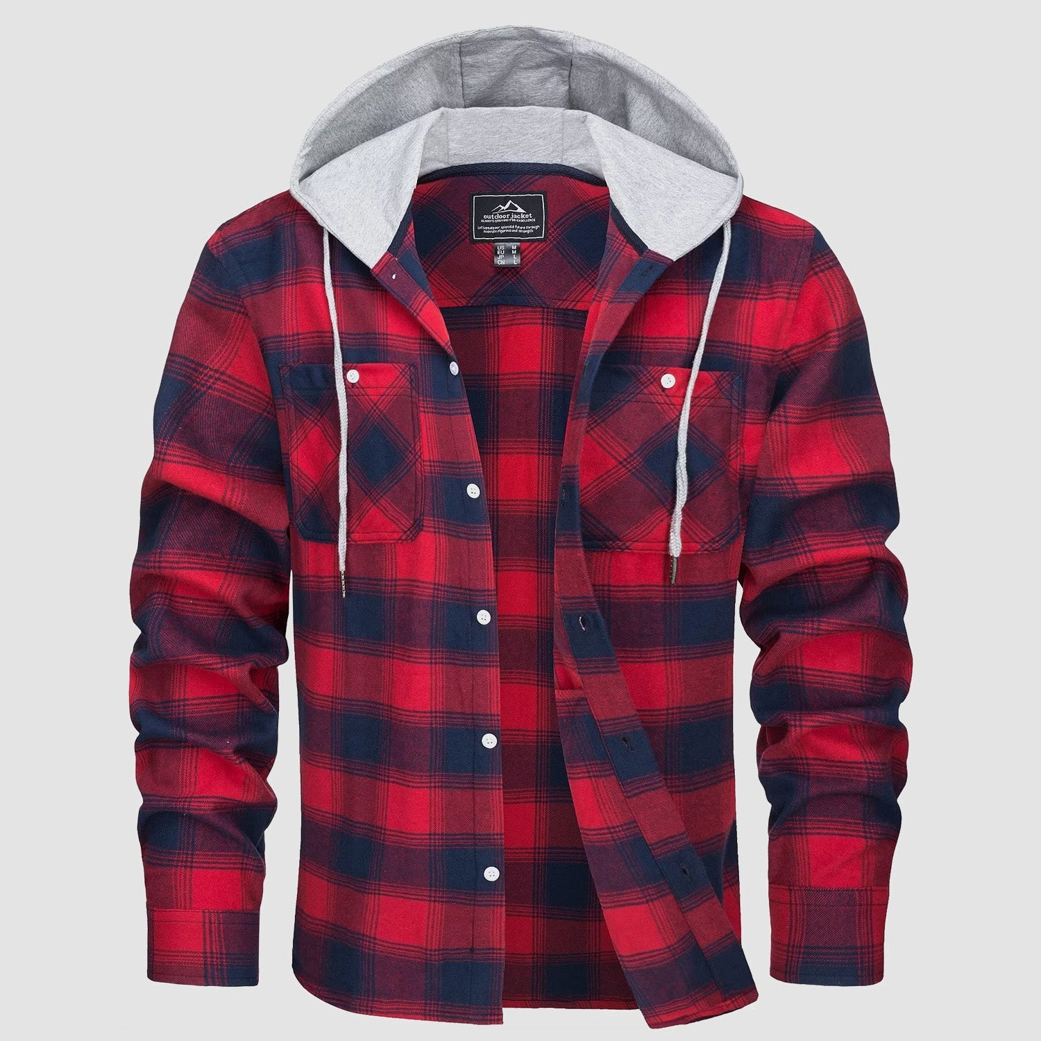 Men's Flannel Shirt Jacket with Hood - Long Sleeve Cotton Plaid Style - veyora