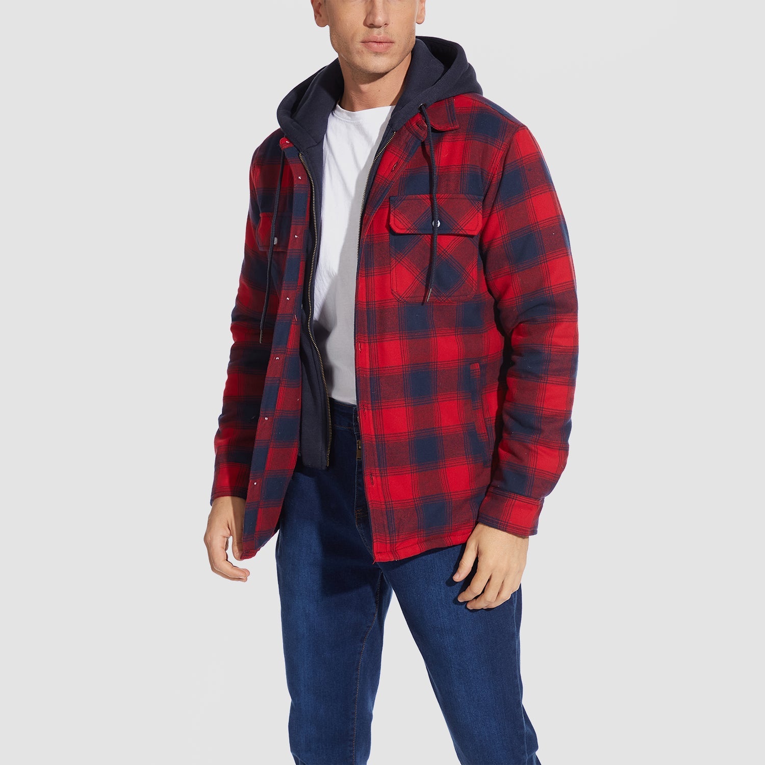 Men's Flannel Jacket with Removable Hood & 5 Pockets - veyora