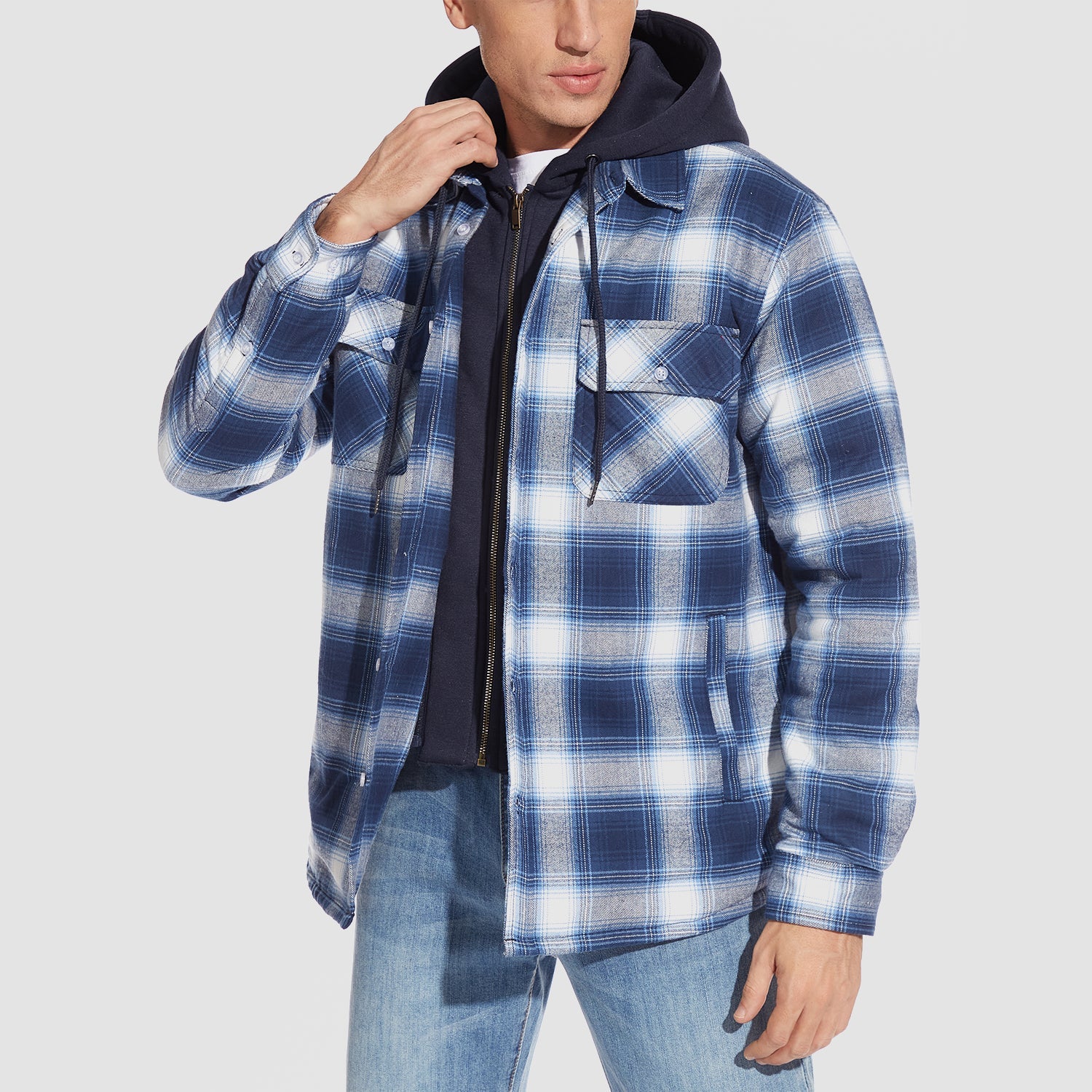 Men's Flannel Jacket with Removable Hood & 5 Pockets - veyora