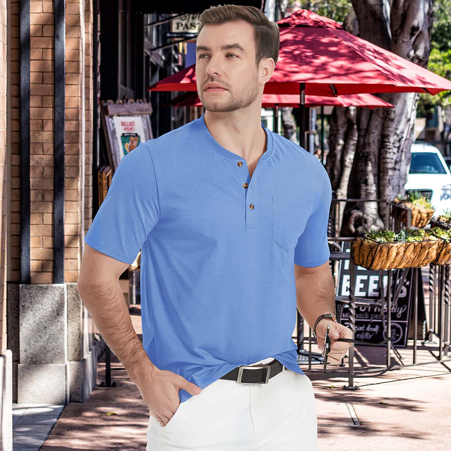 Men's Slim Fit Short Sleeve Sun Protection Henley Shirt - veyora