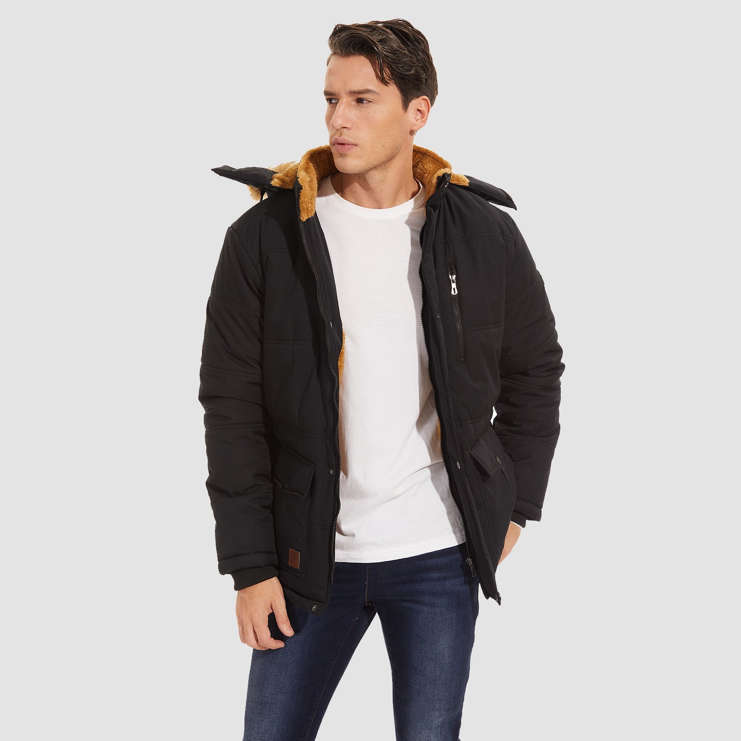 Men's Fleece Lined Parka Jacket - Hooded Puffer Warm Coat - veyora