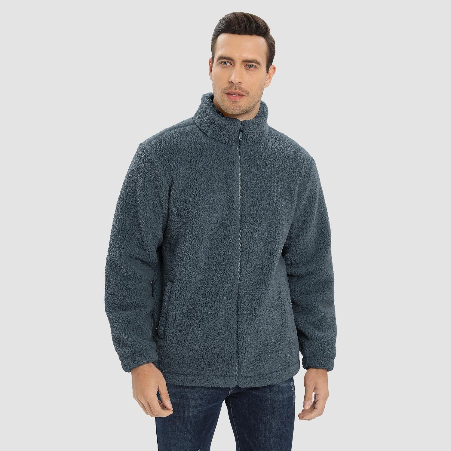 Men's Fluffy Sherpa Fleece Jacket Full Zip Casual Winter Outwear - veyora