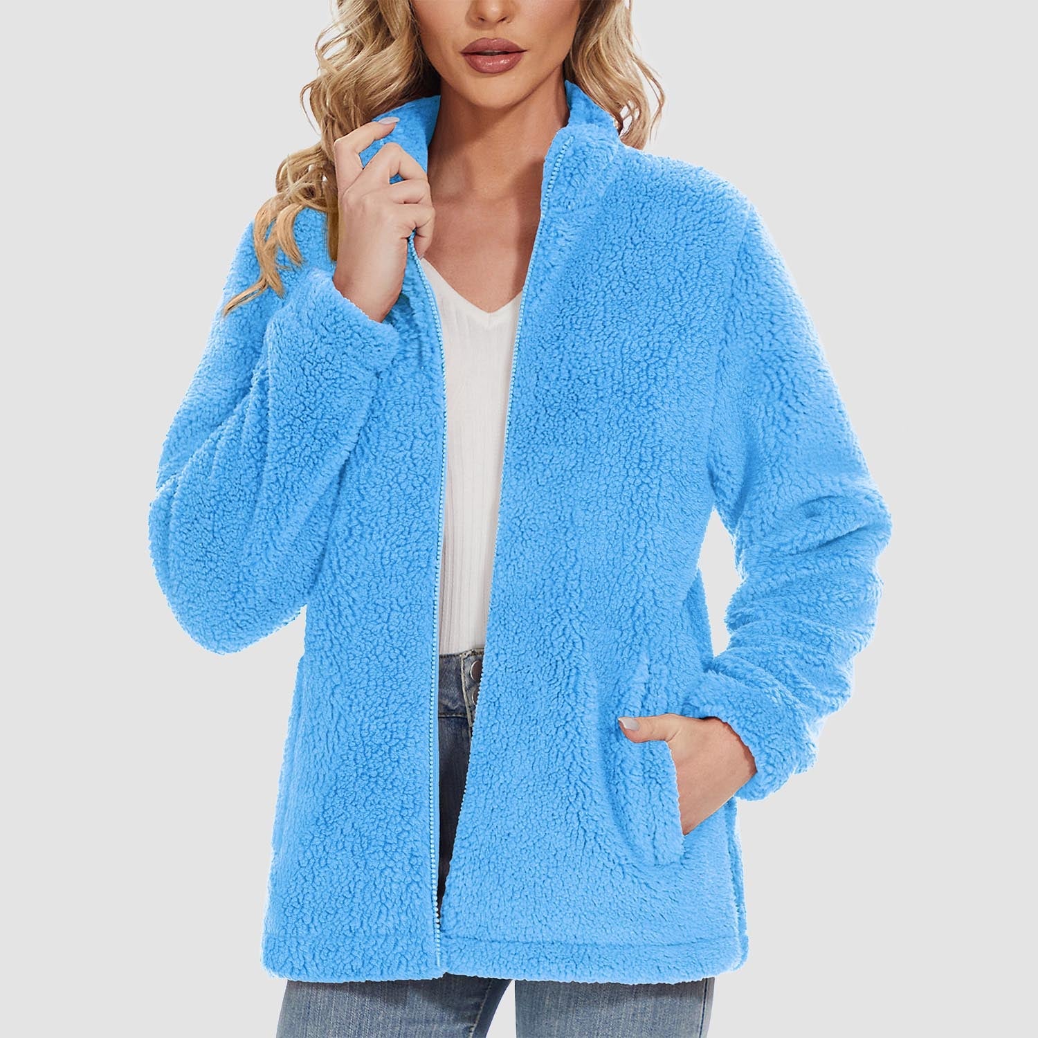 Women's Sherpa Jacket - Full Zip, Zip Pockets & Warm