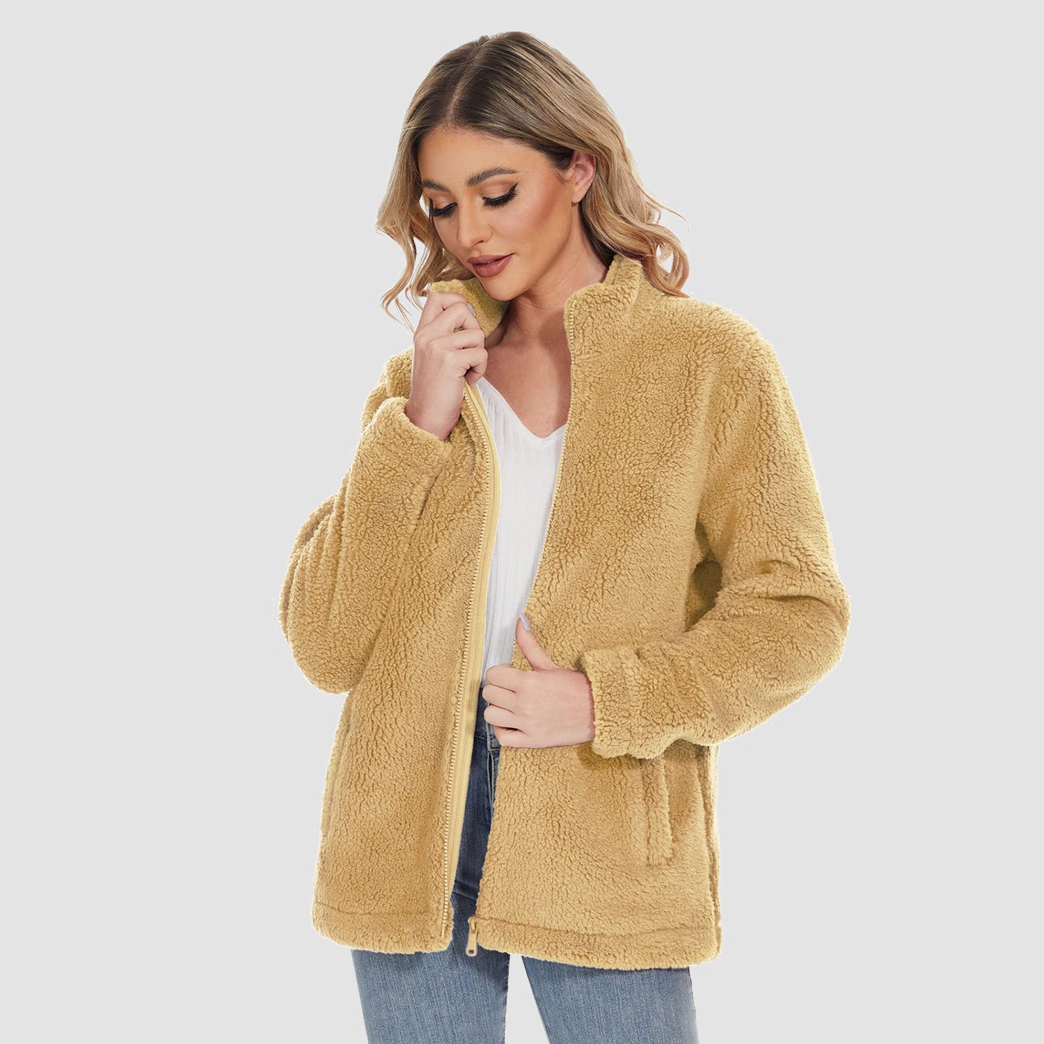 Women's Sherpa Jacket - Full Zip, Zip Pockets & Warm
