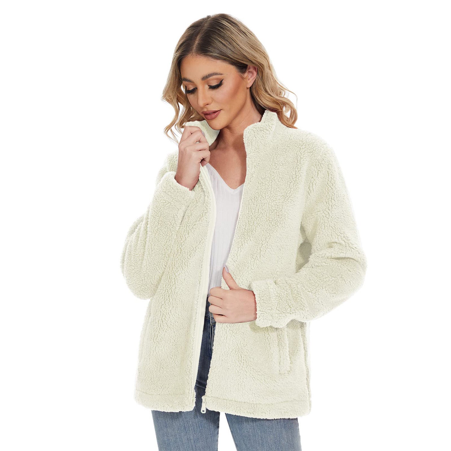 Women's Sherpa Jacket - Full Zip, Zip Pockets & Warm