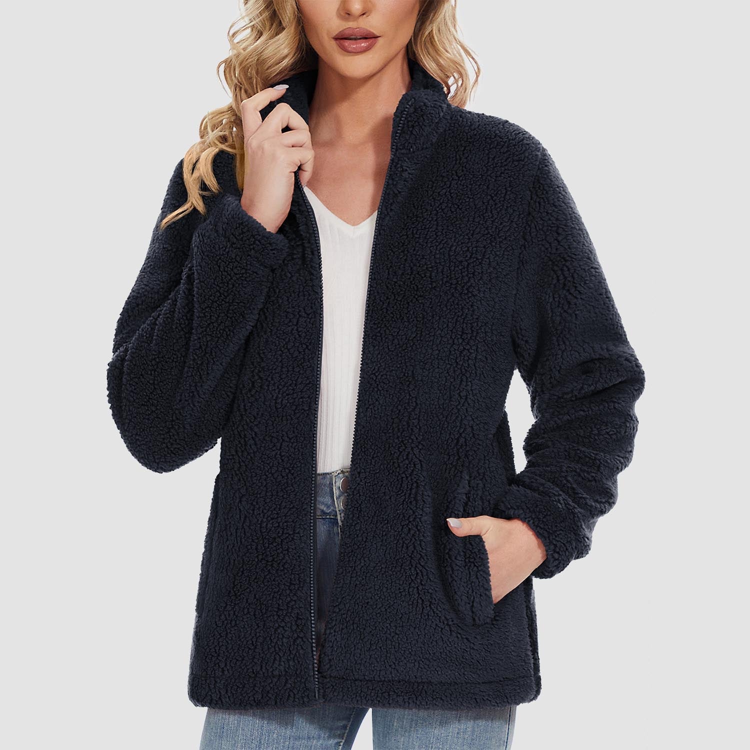 Women's Sherpa Jacket - Full Zip, Zip Pockets & Warm - veyora