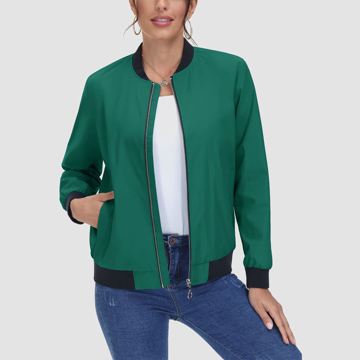 Women's Lightweight Bomber Jacket - Zip Front & Casual