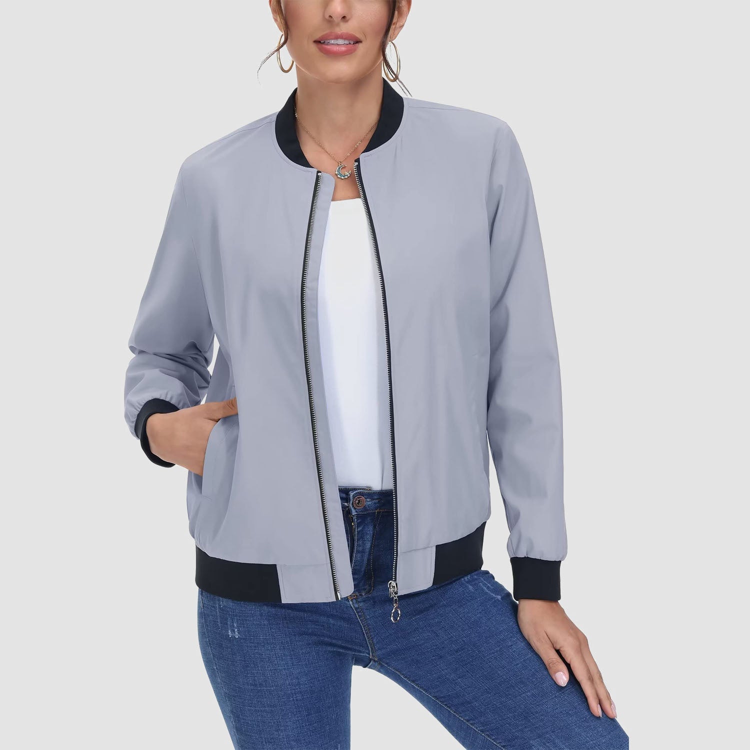 Women's Lightweight Bomber Jacket - Zip Front & Casual