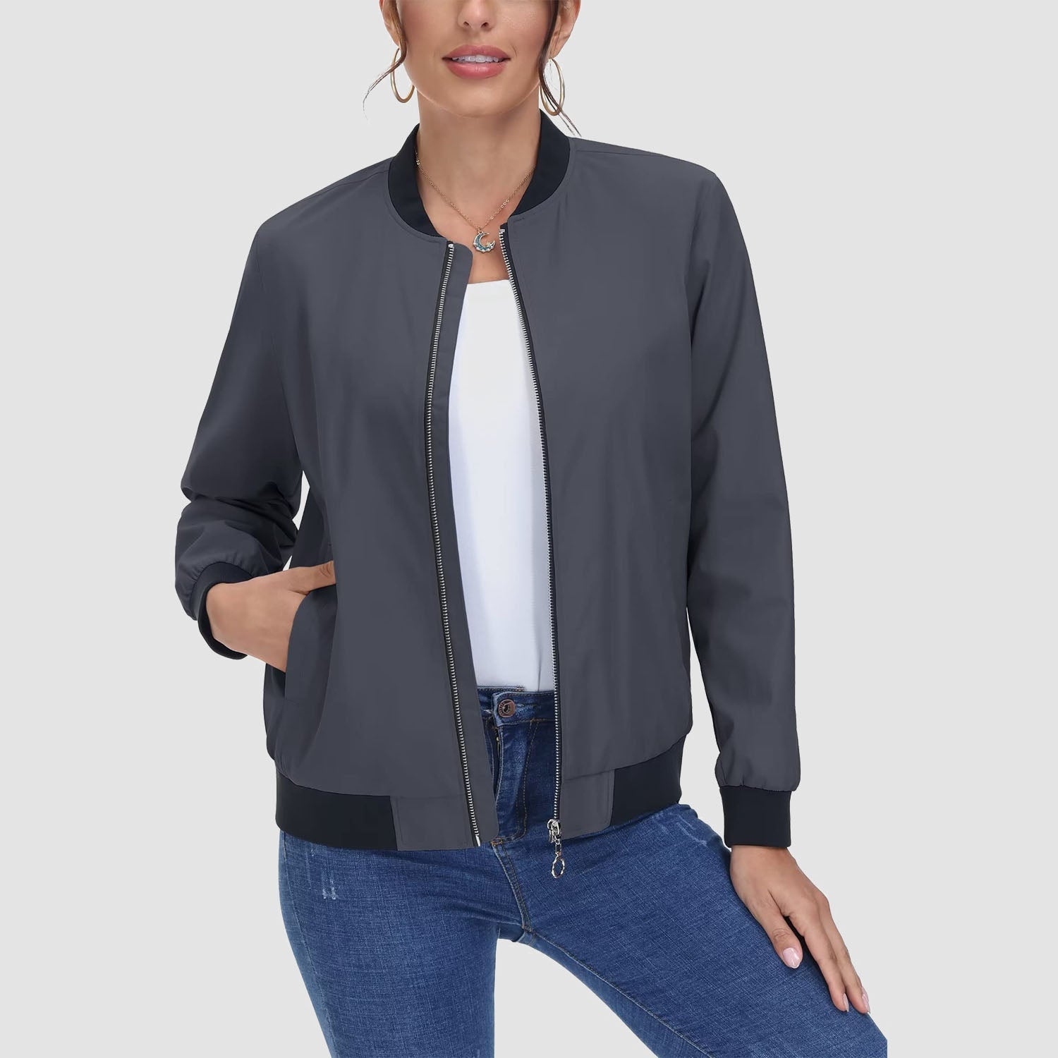 Women's Lightweight Bomber Jacket - Zip Front & Casual