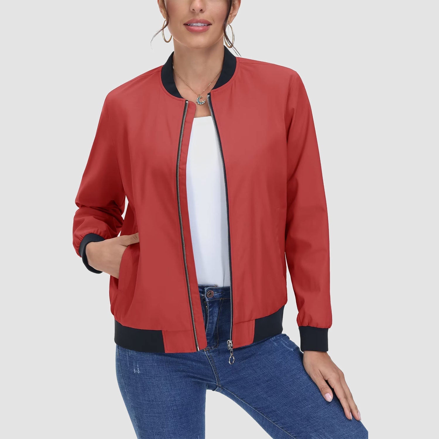Women's Lightweight Bomber Jacket - Zip Front & Casual