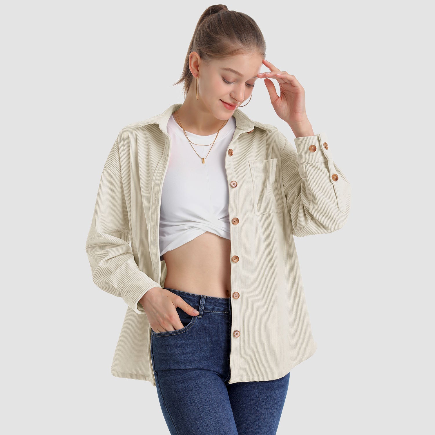Women's Long Sleeve Corduroy Shirt with Pocket - veyora