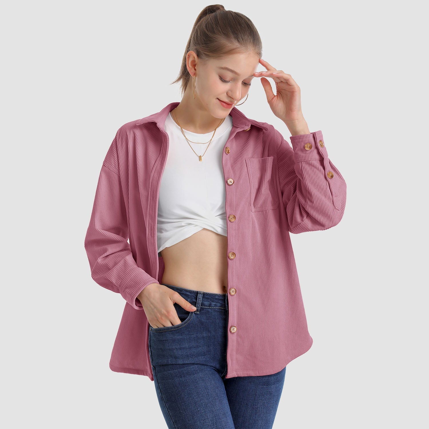 Women's Long Sleeve Corduroy Shirt with Pocket - veyora
