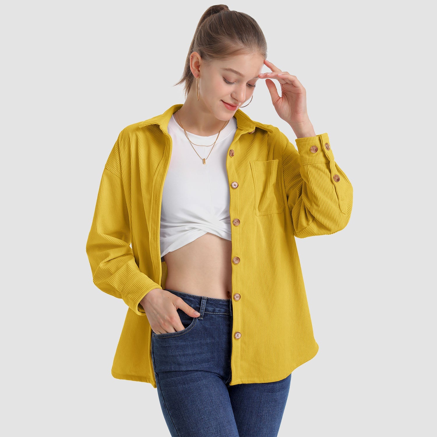 Women's Long Sleeve Corduroy Shirt with Pocket - veyora