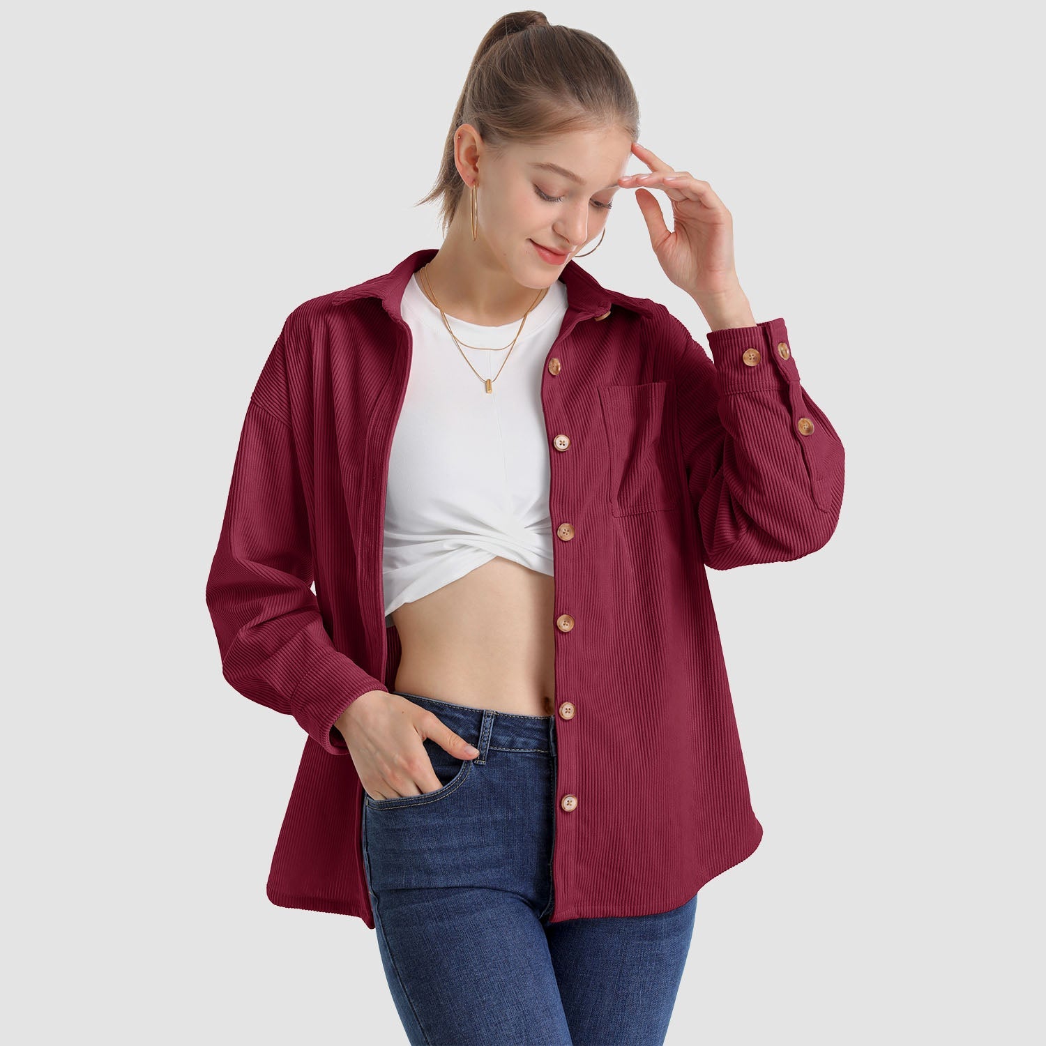 Women's Long Sleeve Corduroy Shirt with Pocket - veyora
