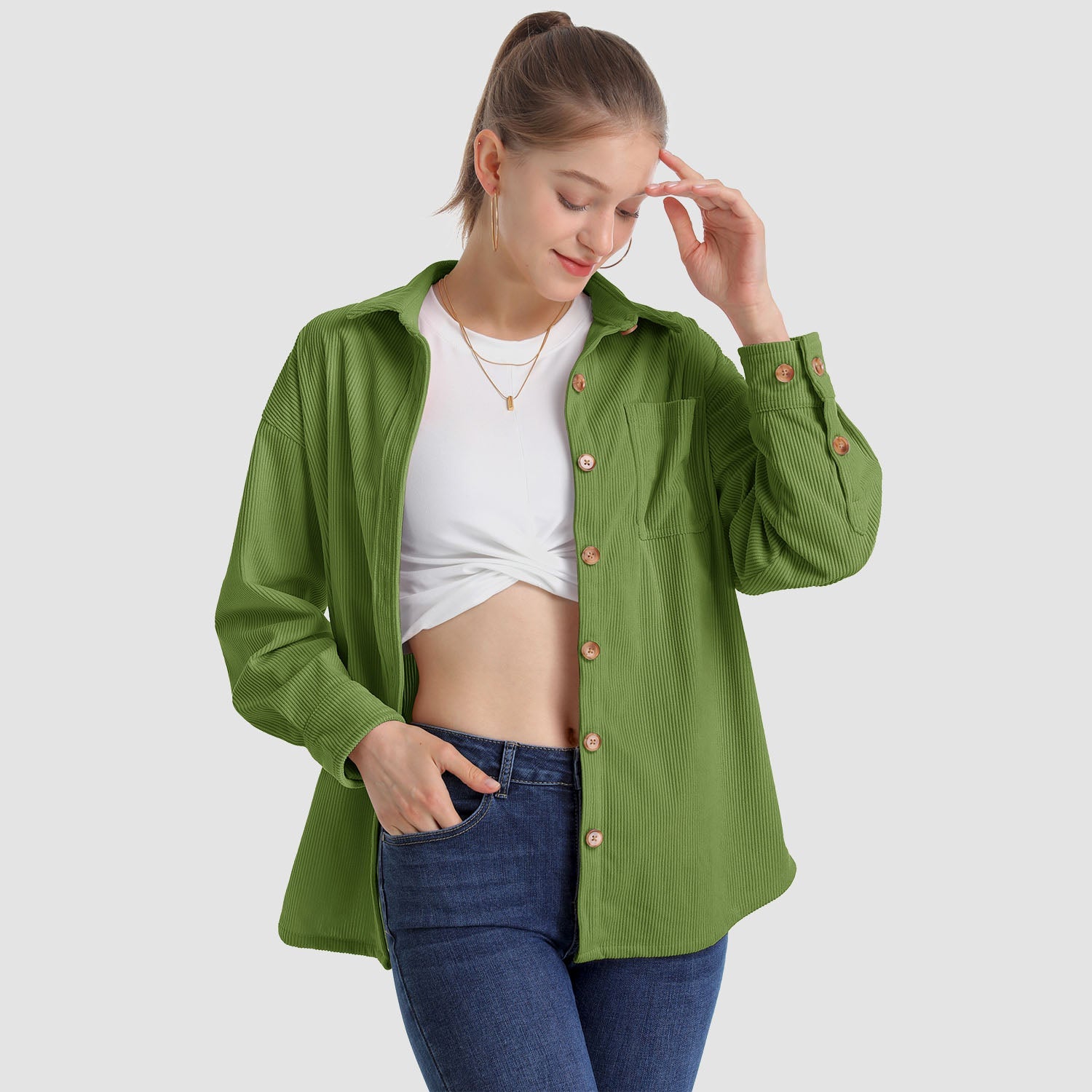 Women's Long Sleeve Corduroy Shirt with Pocket - veyora