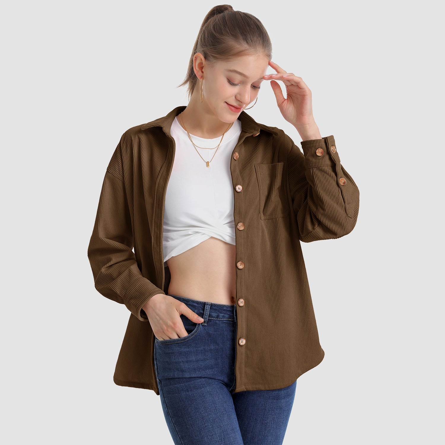 Women's Long Sleeve Corduroy Shirt with Pocket - veyora