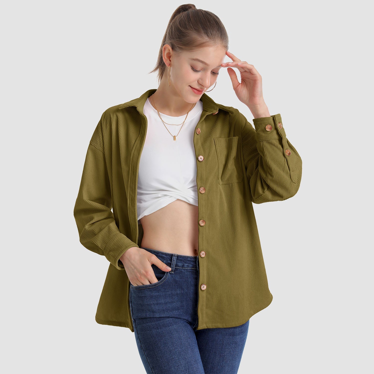 Women's Long Sleeve Corduroy Shirt with Pocket - veyora