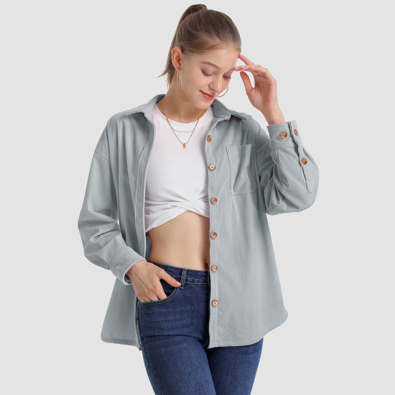 Women's Long Sleeve Corduroy Shirt with Pocket - veyora
