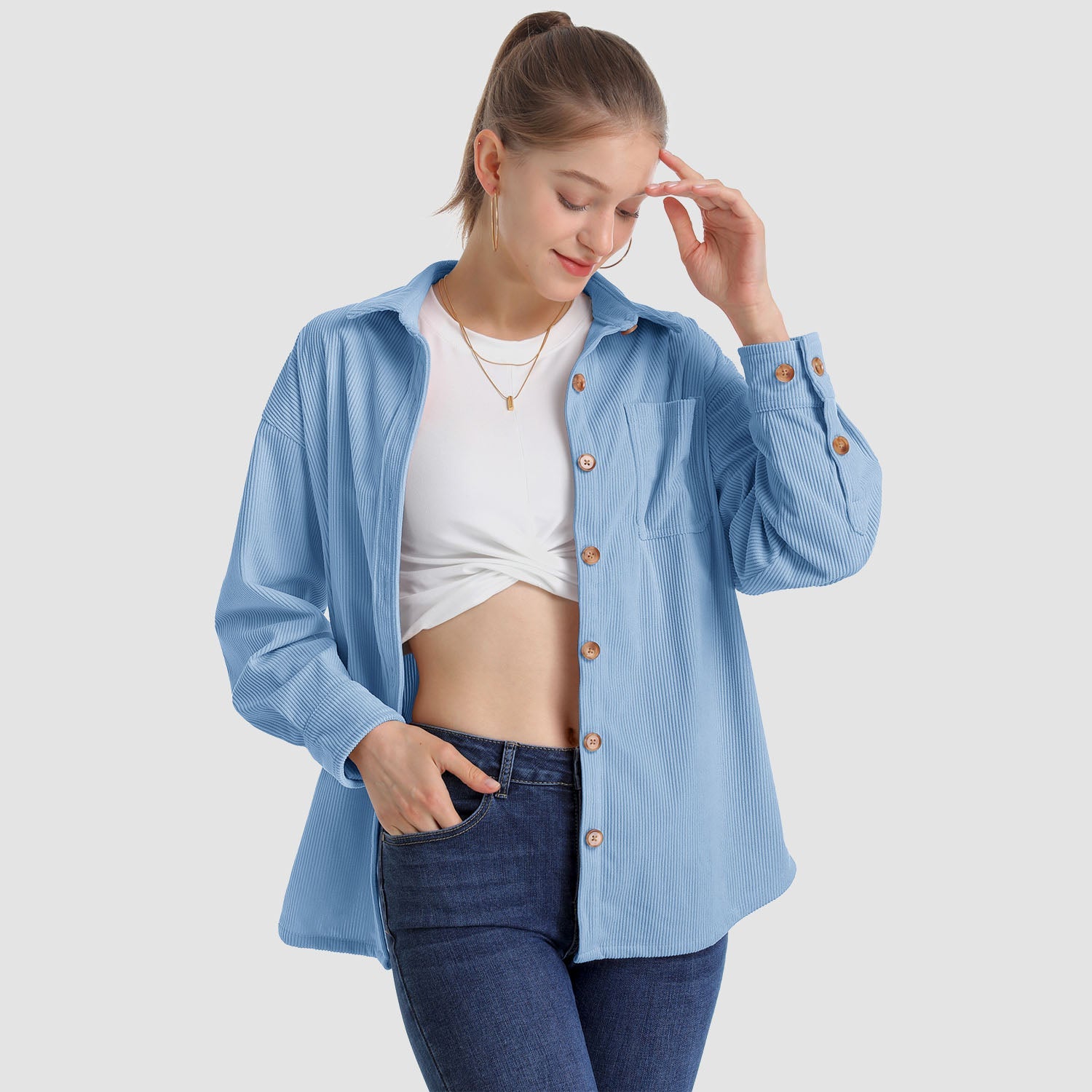 Women's Long Sleeve Corduroy Shirt with Pocket - veyora