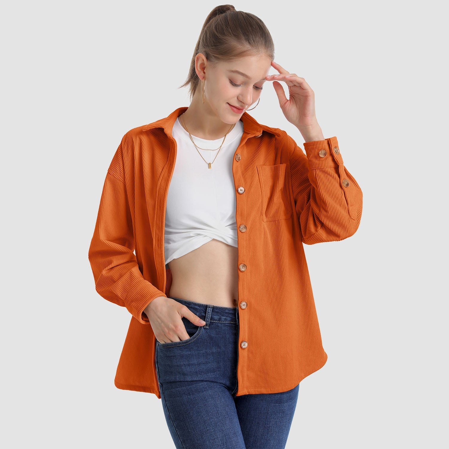 Women's Long Sleeve Corduroy Shirt with Pocket - veyora