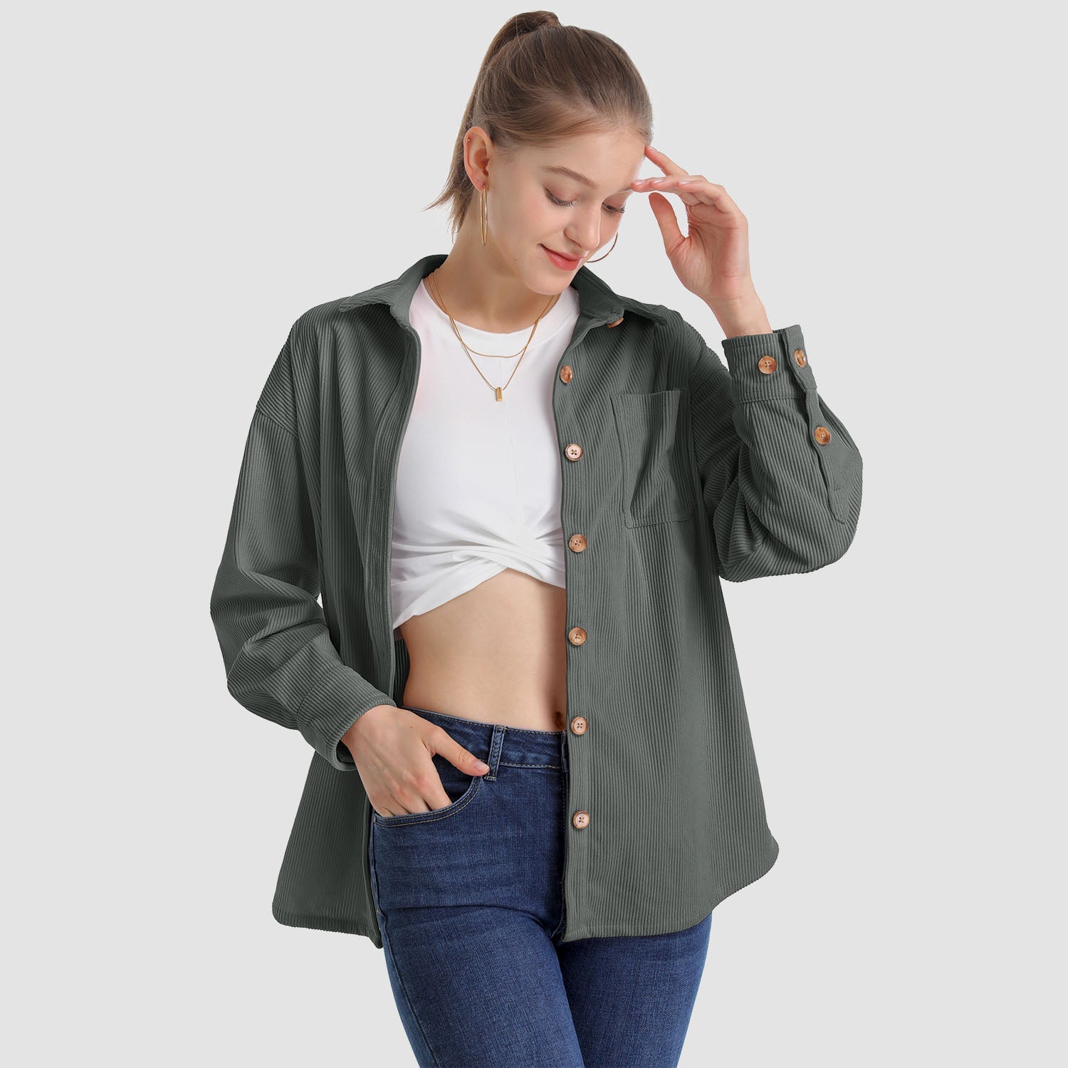 Women's Long Sleeve Corduroy Shirt with Pocket - veyora