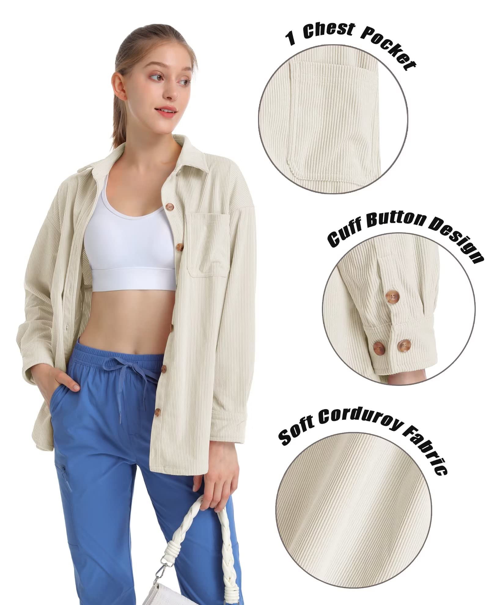 Women's Long Sleeve Corduroy Shirt with Pocket - veyora