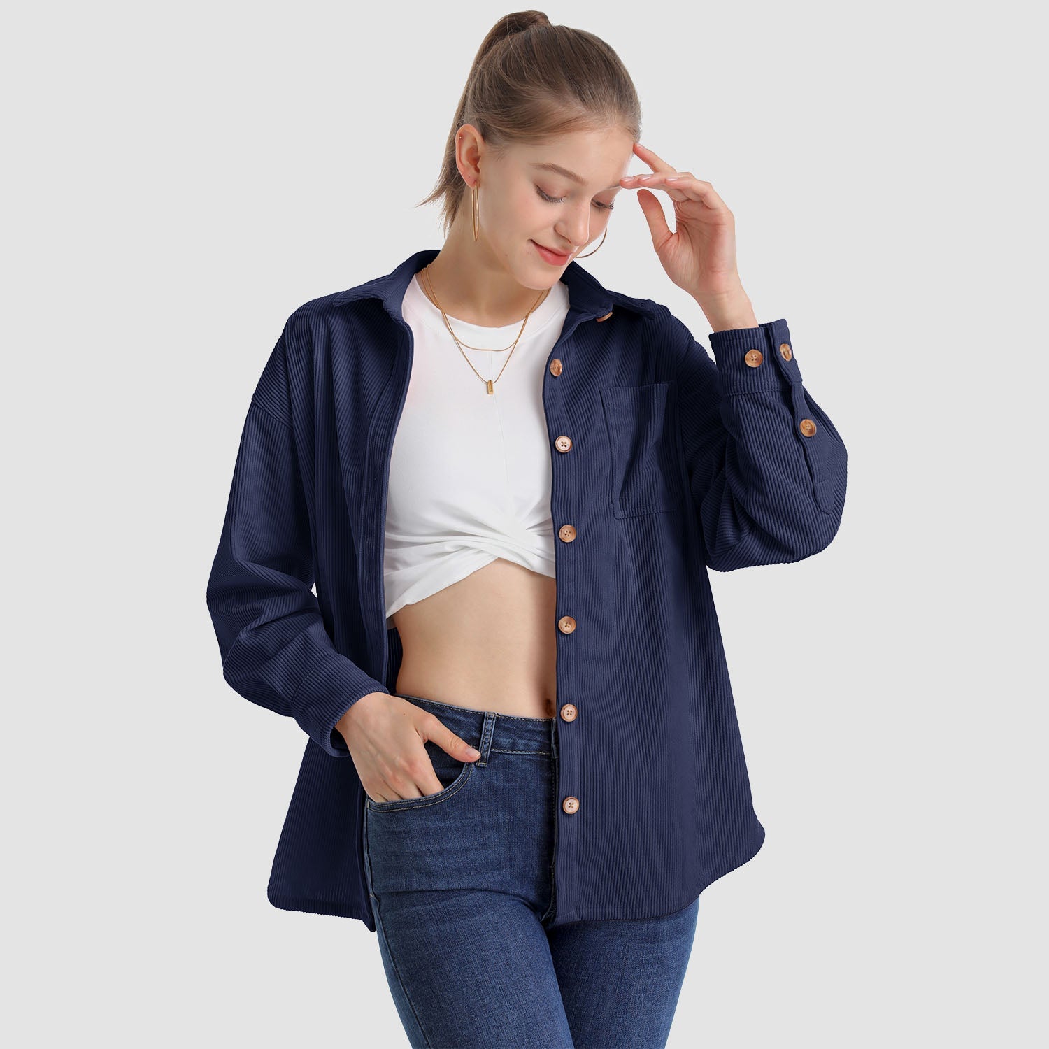 Women's Long Sleeve Corduroy Shirt with Pocket - veyora