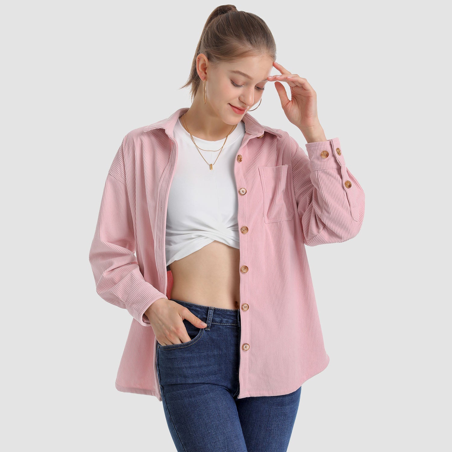 Women's Long Sleeve Corduroy Shirt with Pocket - veyora
