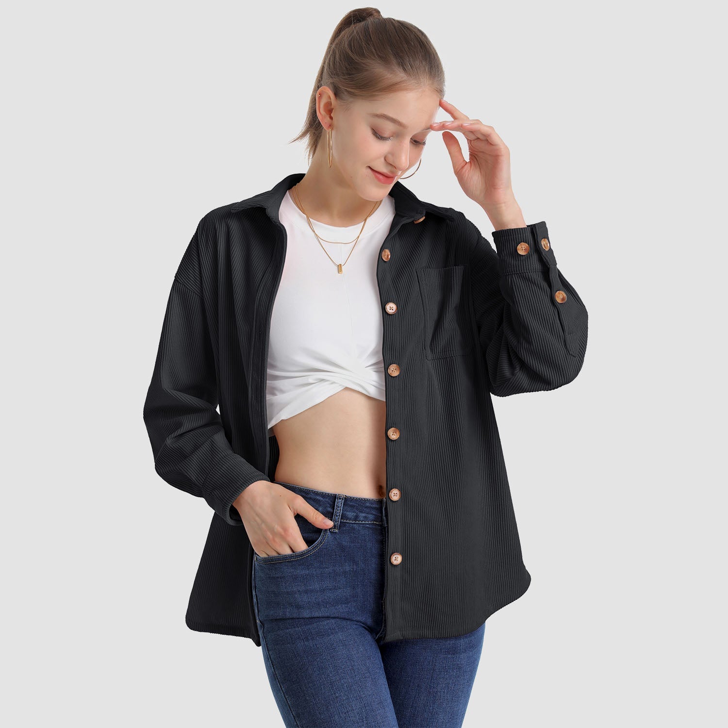Women's Long Sleeve Corduroy Shirt with Pocket - veyora