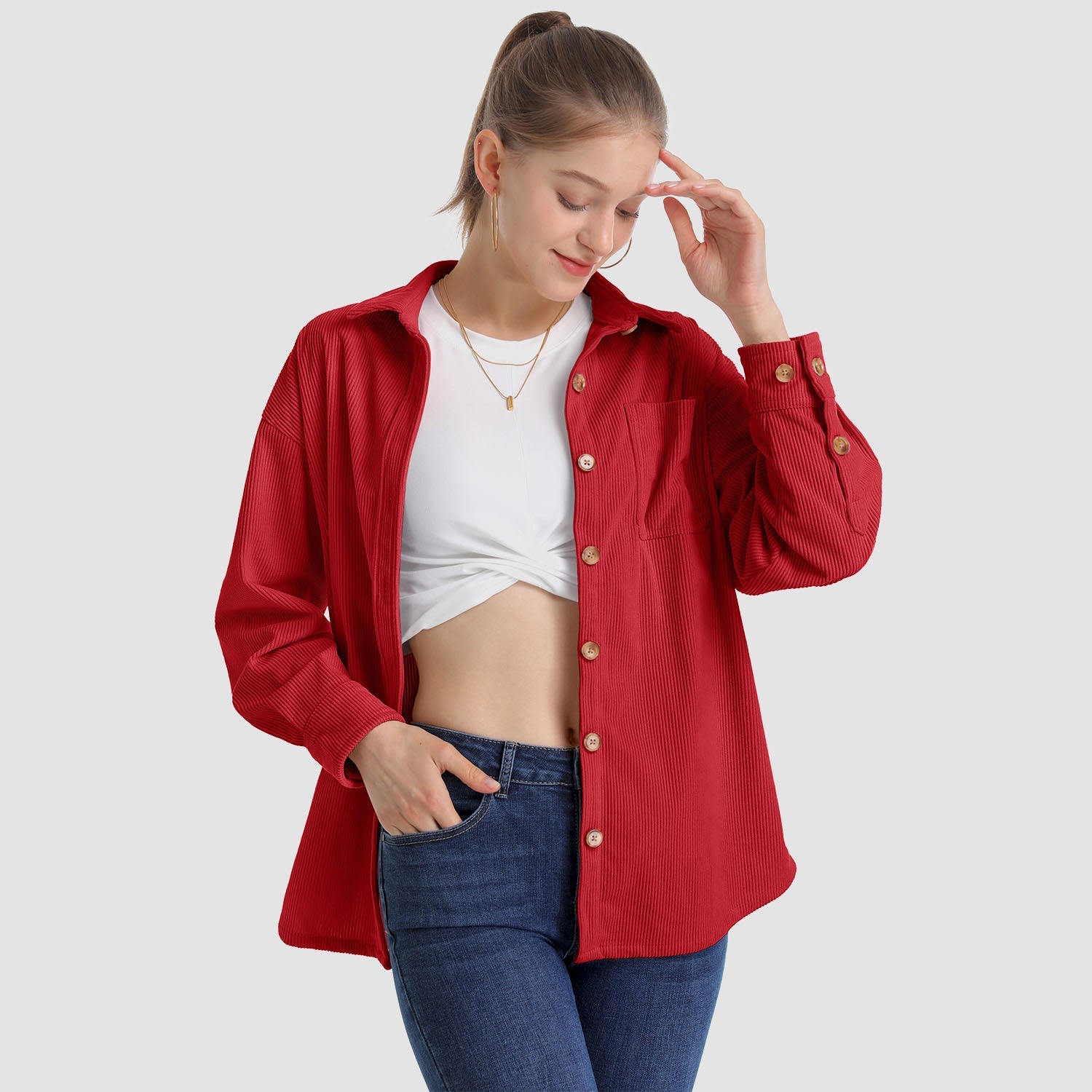 Women's Long Sleeve Corduroy Shirt with Pocket - veyora