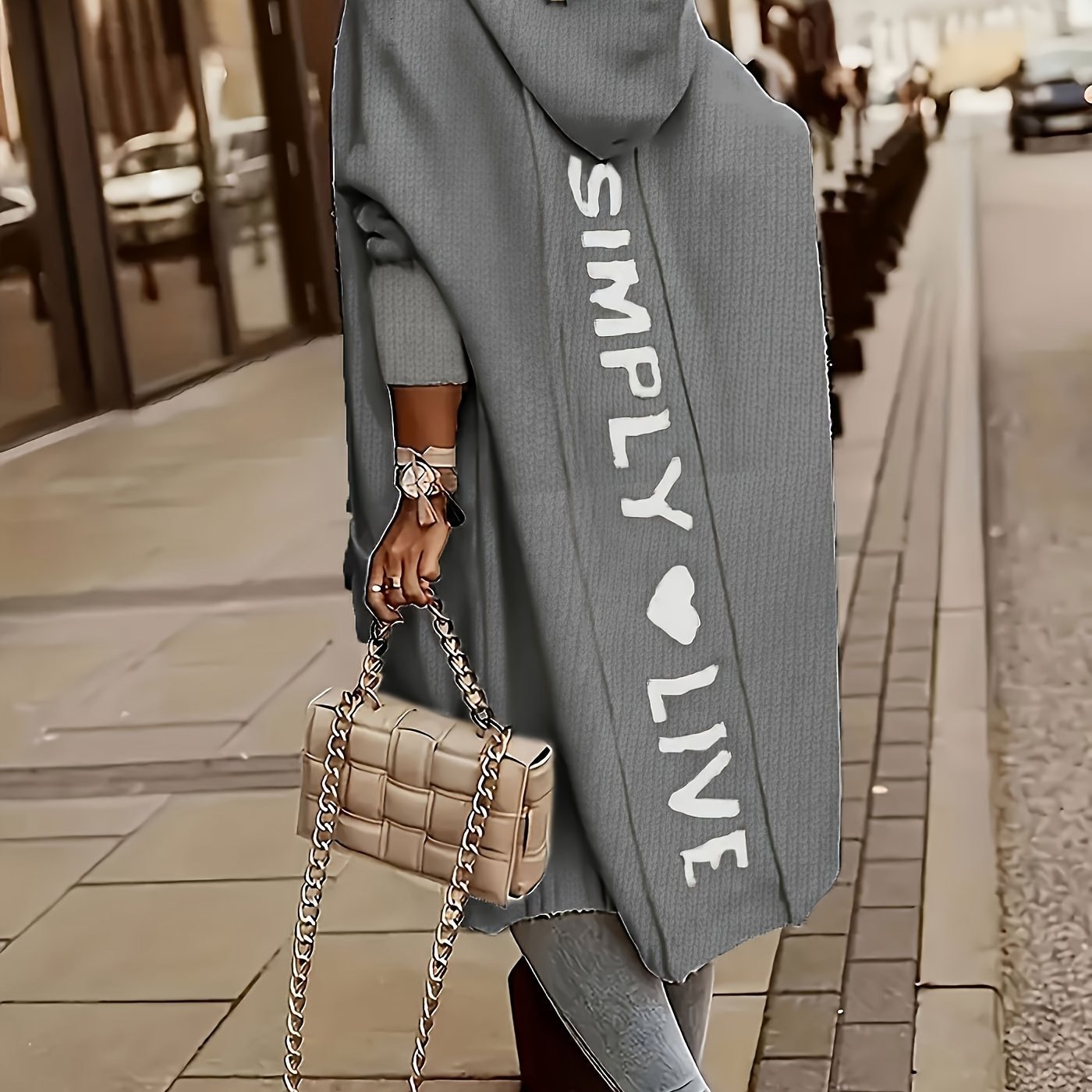 100% Polyester Long Sleeve V - Neck Hooded Knit Cardigan - Women's Casual Sweater with Pocket - Alphabet Pattern Fall/Winter Clothing - veyora