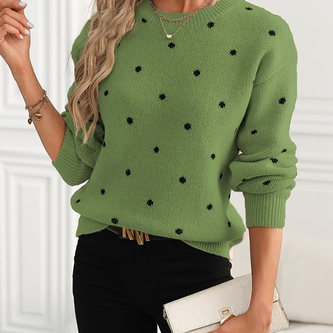 Polka Dot Pattern Knit Sweater, Casual Long Sleeve Crew Neck Sweater, Women's Clothing - veyora