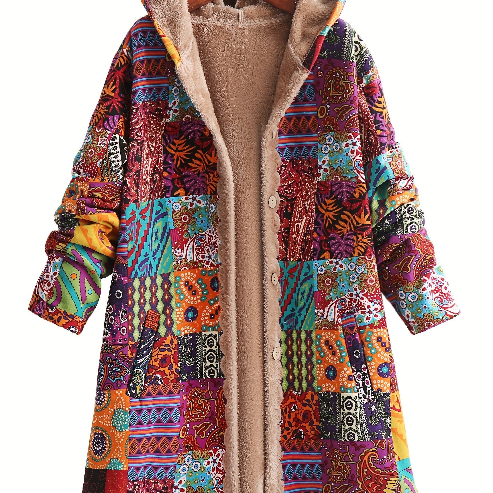 Warm Fleece - Lined Hooded Coat - Colorful Paisley & Floral Print Long Sleeve Outerwear for Women - Machine Washable, Button Front - veyora
