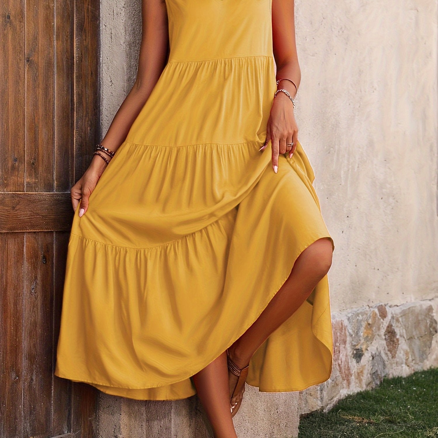 Loose Casual Sleeveless V Neck Ruffle Hem Dress for Spring & Summer, Women's Clothing - veyora