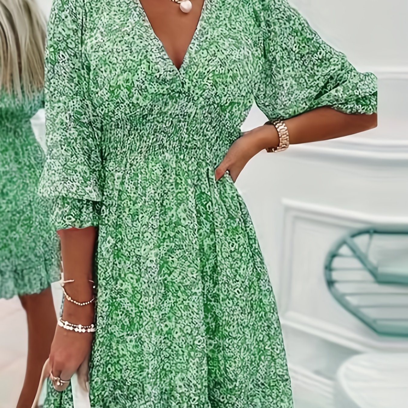 Floral Print Shirred Waist Dress, Casual V Neck Dress For Spring & Summer, Women's Clothing - veyora