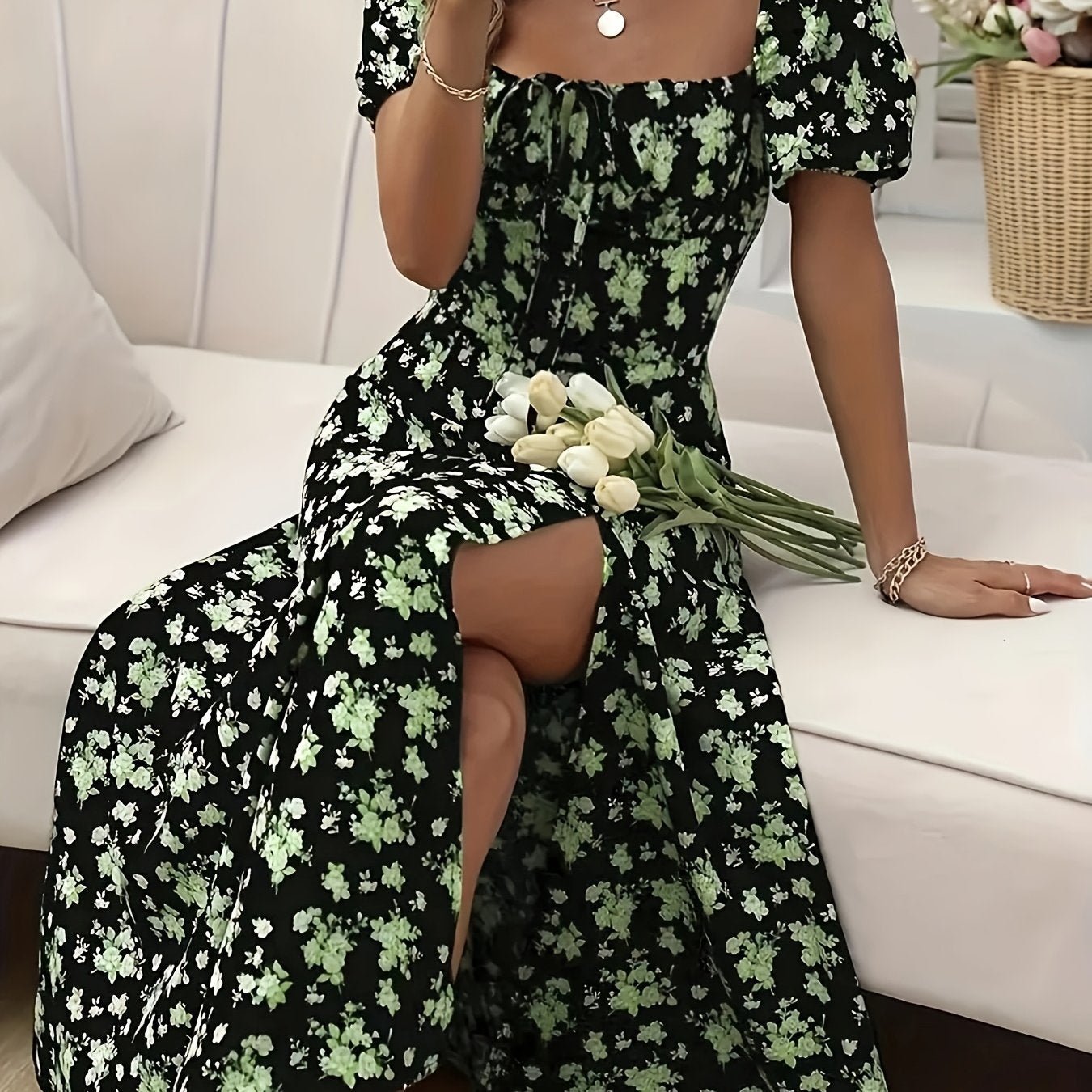 Elegant Floral Puff Sleeve Dress - Lightweight, Split Hem A - line for Spring & Summer Occasions - veyora