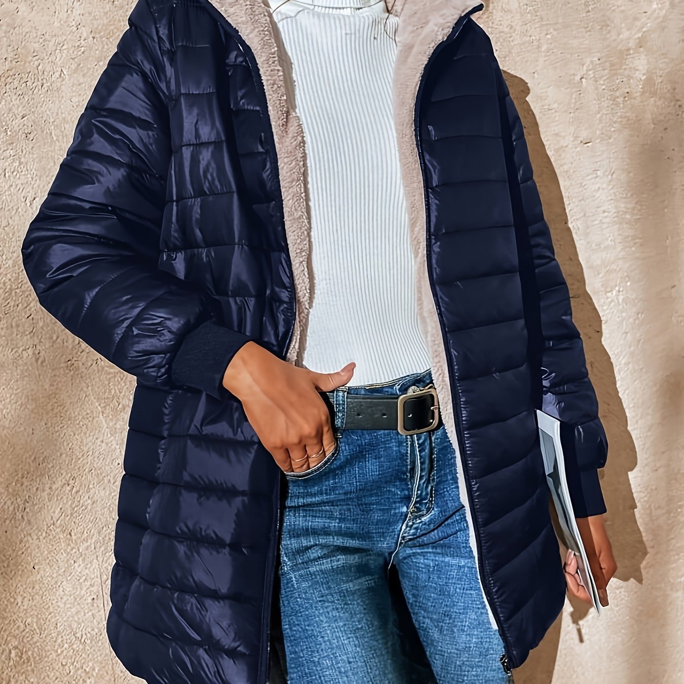 Long Sleeve Fleece Lined Zip Up Coat, Casual Fabric - padded Women's Clothing - veyora