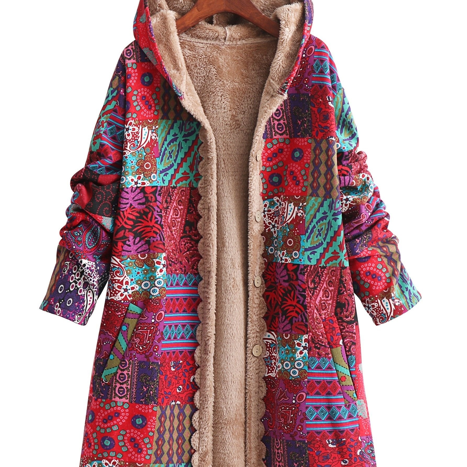 Warm Fleece - Lined Hooded Coat - Colorful Paisley & Floral Print Long Sleeve Outerwear for Women - Machine Washable, Button Front - veyora