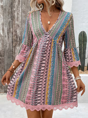 Women's Elegant V - Neck Dress with Lace Trim - Colorful Striped and Floral Print, Lightweight Polyester Blend, Perfect for Summer, Relaxed Fit Dress|Patterned Dress|Smooth Texture, Cute Dresses - veyora