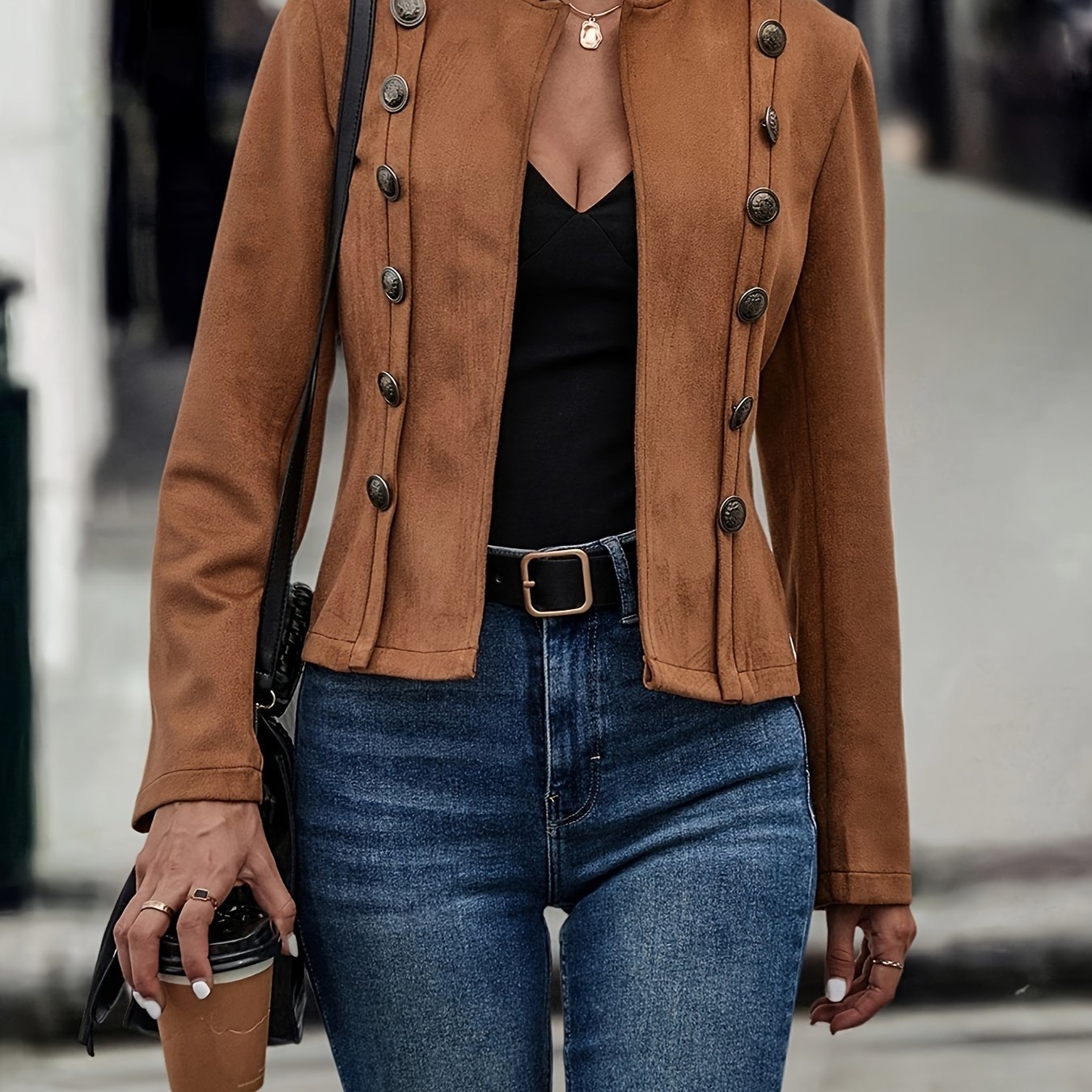 Women's European and American suede jacket, slimming and decorative double - breasted jacket - veyora